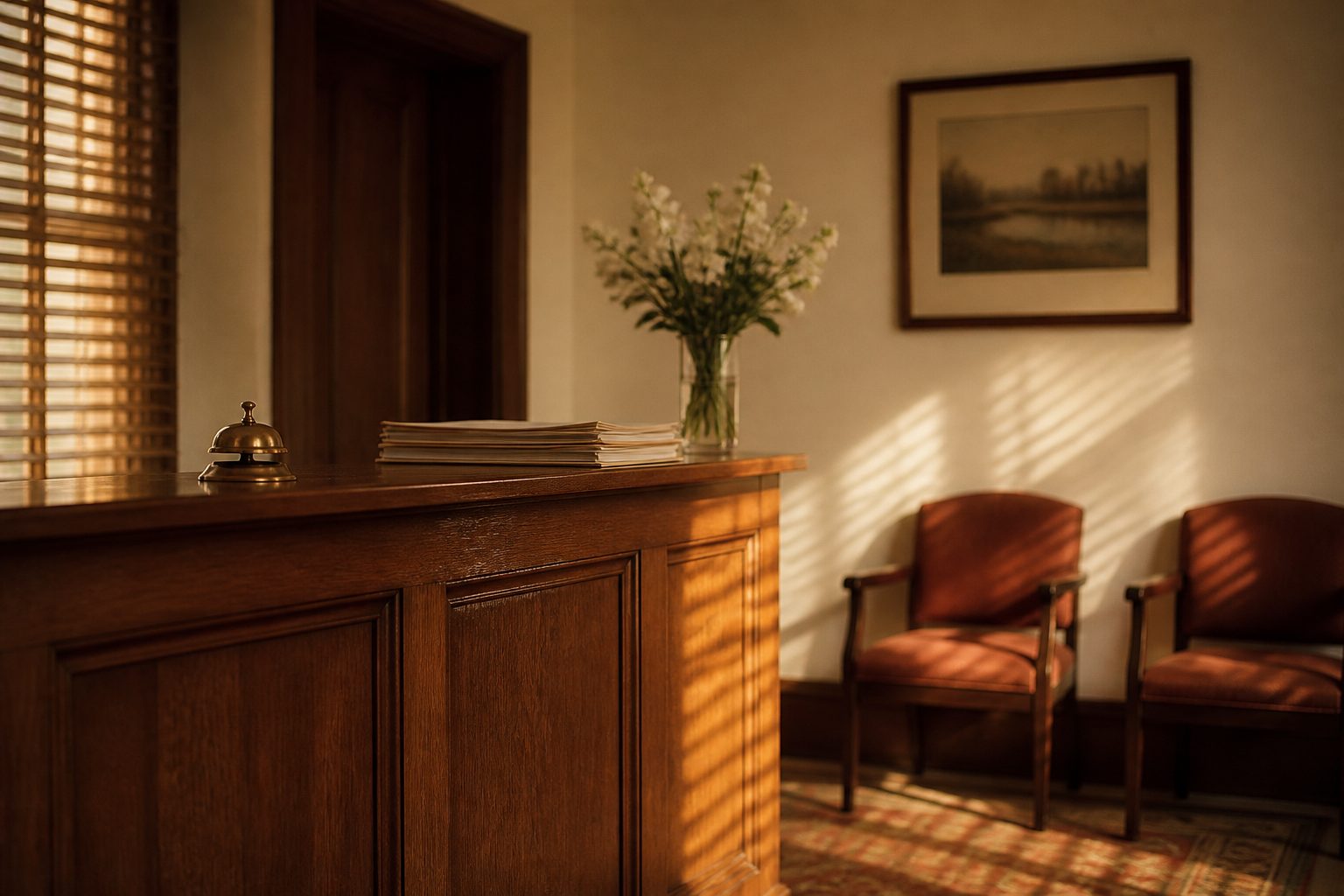 The front desk of a small medical practice after hours, late light across the counter